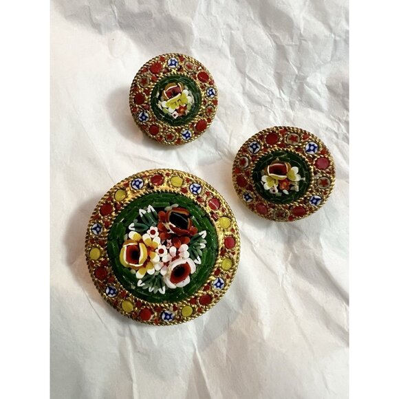 Antique Grand Tour Micro Mosaic Millefiori Brooch Pin & Clip Earrings - Picture 1 of 12